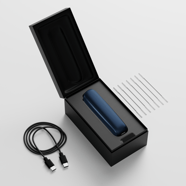 Side view of the Ploom AURA Navy Blue device