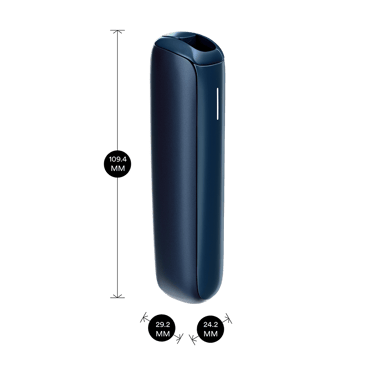 Ploom AURA Navy Blue device shown with product dimensions: 10.94cm height x 2.92 cm width and 2.42 cm depth