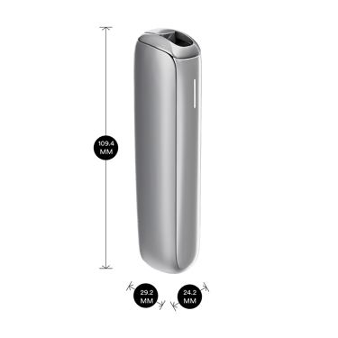 Ploom AURA Lunar Silver device shown with product dimensions: 10.94cm height x 2.92 cm width and 2.42 cm depth