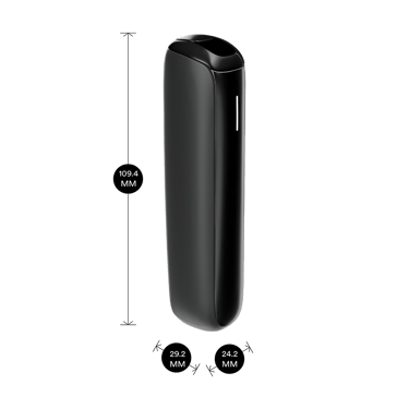 Ploom AURA Jet Black device shown with product dimensions: 10.94cm height x 2.92 cm width and 2.42 cm depth